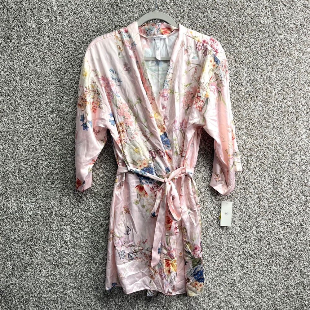 Flora Nikrooz Robe Women's M/L Pink Floral Print Satin Wrap NWT